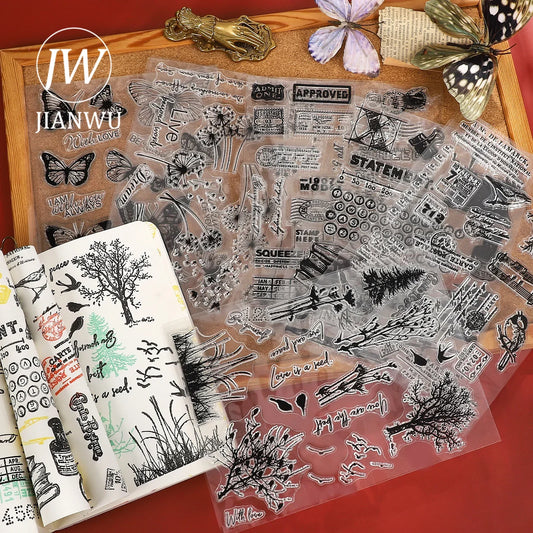 JIANWU Vintage Tree Plant Flower Butterfly Label Bill Landscape Material Collage Silicone Stamp Creative DIY Journal Stationery