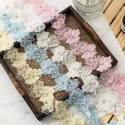 1Yard Multi-Color Pearl Flower Embroidery Lace Fabric Trim DIY Clothing Wedding Decoration Home Sewing Supplies Applique