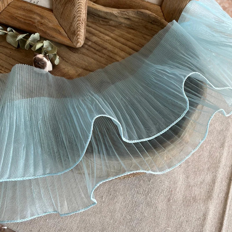 1 Yard Blue Lace Fabric Pleated Mermaid Effect Laser Neon Luster For Women Dress 15CM Wide