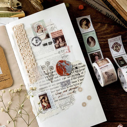 JIANQI Vintage Stamp Plant Washi Tape Stick Labels Paper Stickers Masking tape DIY Scrapbooking Material Craft Supplies