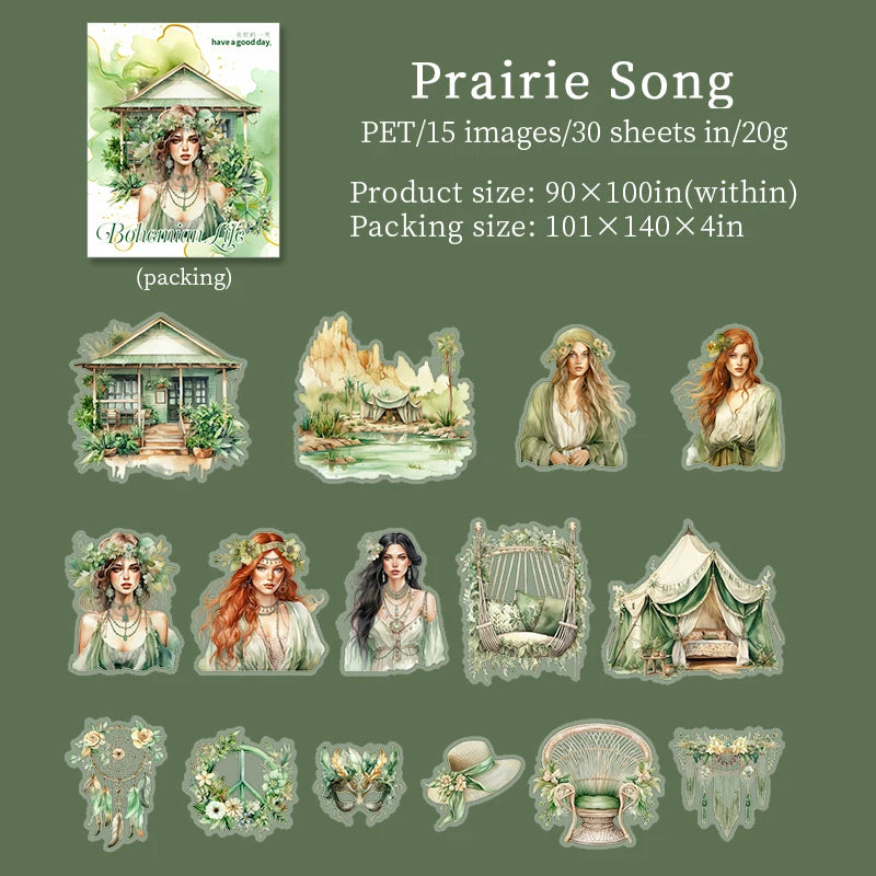JIANQI 30pcs/pack Bohemian girl PET Stickers DIY Scrapbooking Decor Photo Album Creative Stationery Collage Materials Stickers