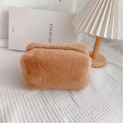 Zipper Large Solid Color Cosmetic Bag Cute Fur Makeup Bag for Women Travel Make Up Toiletry Bag Washing Pouch Plush Pen Pouch