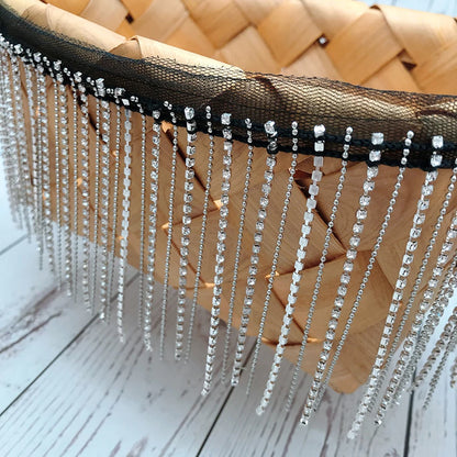 1Yard Black and White Rhinestone Crystal Chain Lace Handmade Tassel Fabric Border Metal Chain Bead 9CM Wide