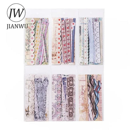 JIANWU Handmade Gallery Series Vintage Lace Flower Bow Landscape Material Collage Strip Sticker Creative DIY Journal Stationery