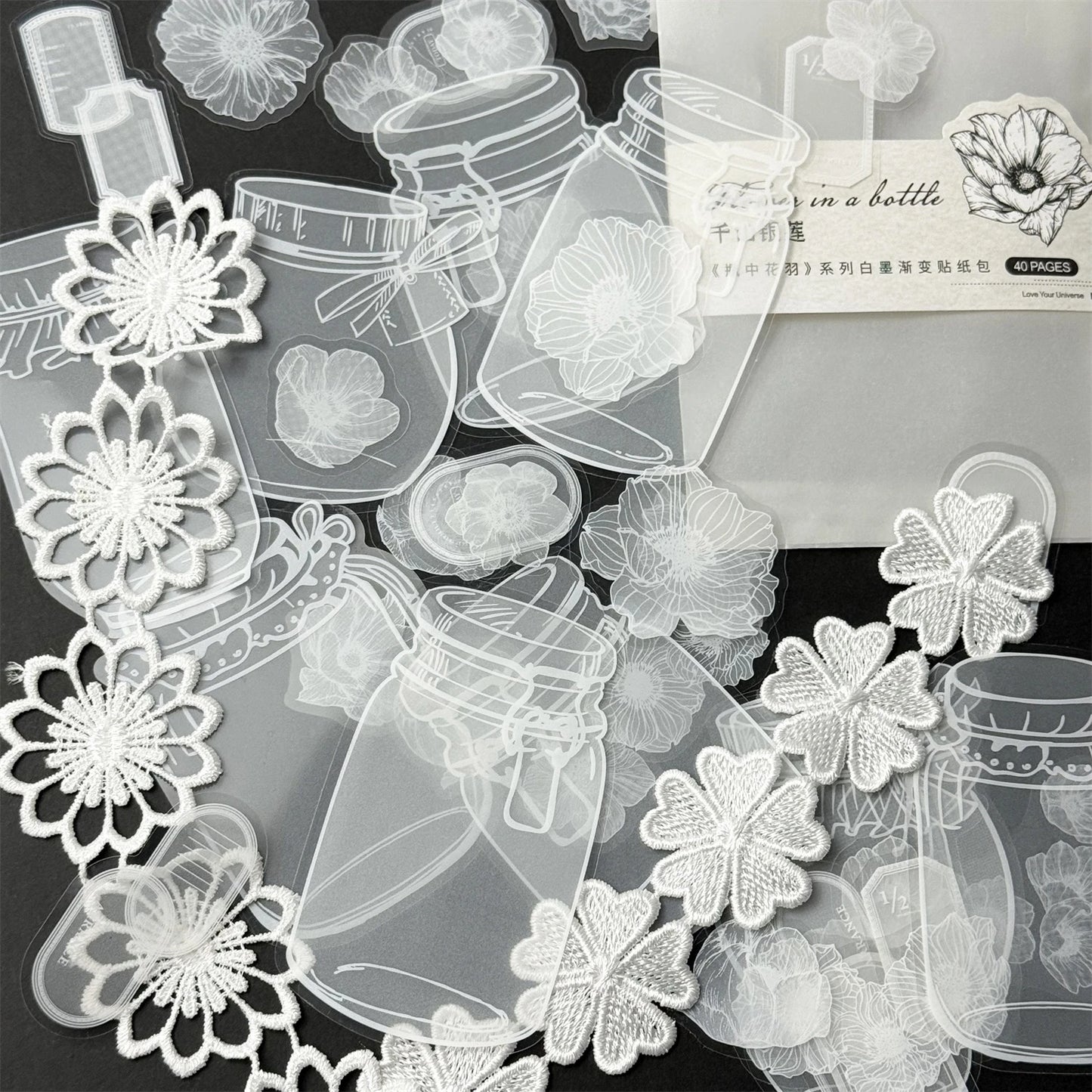 40pcs Transparent PET Vintage Bottle Flowers Crystal Ink Stickers Scrapbook DIY Sticker Craft Journaling Scrapbooking Material