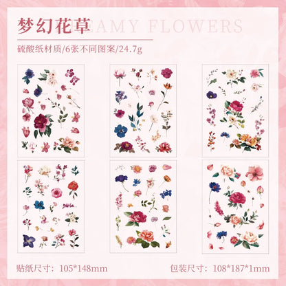 JIANQI 6 sheet Die cutting Flower Stickers Junk Journal Sticker Package DIY Diary Decoration Sticker Album Scrapbooking