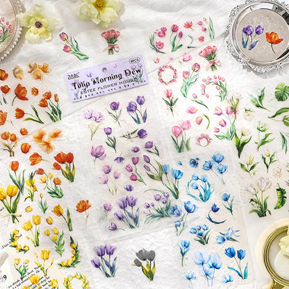 JIANQI 6pcs/pack Plant Flower Stickers PET Material DIY Scrapbooking Collage Junk Journal Planner Deco Stationery Sticker