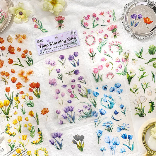 JIANQI 6pcs/pack Plant Flower Stickers PET Material DIY Scrapbooking Collage Junk Journal Planner Deco Stationery Sticker