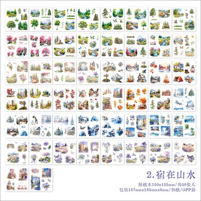 JIANQI 50pcs/book Light Retro Floral Plant Stickers Beautiful scenery Theme Double Material Handbook Backing Decal Stationery
