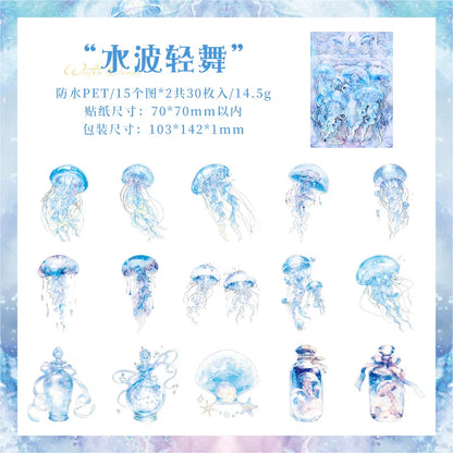 JIANQI 30 pcs Die cutting sticker jellyfish series Dreamlike watercolor jellyfish ocean hand tent DIY decor scrapbook material
