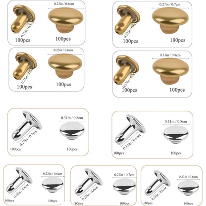 100Set/Box Leather Rivet Studs Double Cap Metal Rivets with Plastic Box Finger Cot for Leather Crafts Repairs Decoration
