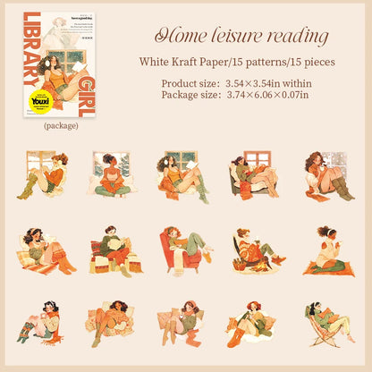 JIANQI 15pcs Kawaii Girl PET Sticker pack DIY Scrapbooking Decor Photo Album Creative Stationery Collage Materials Stickers