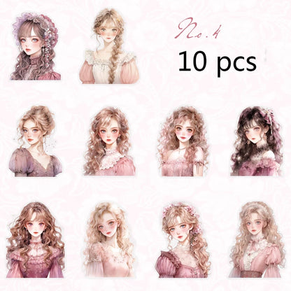 JIANQI 10pcs/pack Kawaii Girl PET Stickers DIY Scrapbooking Decor Photo Album Creative Stationery Collage Materials Stickers