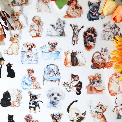 JIANQI 40 pcs PET Animal theme Stickers Cat dog girl Decorative handmade Scrapbooking Material Diary Album Craft Supplies