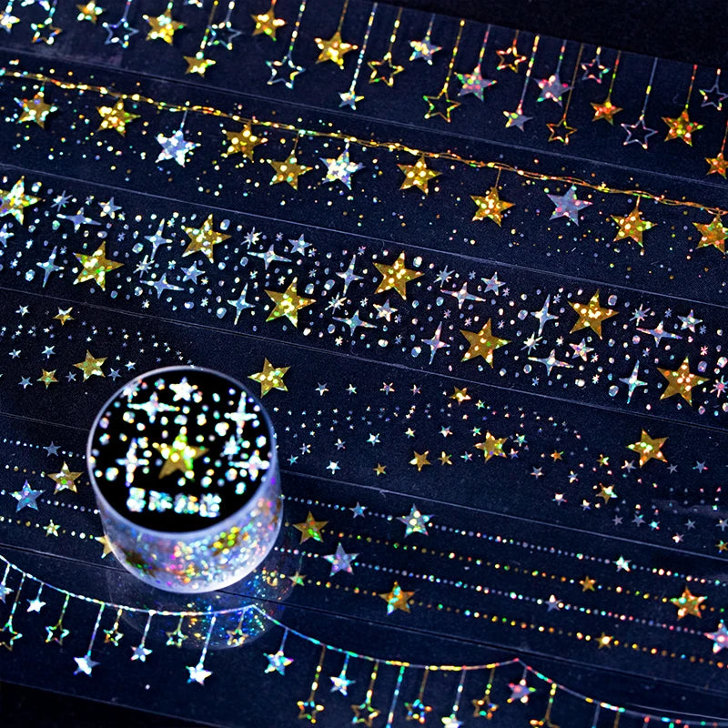 JIANQI 30mm*2m PET Tapes Sparkling Stars DIY Scrapbooking Decor Photo Album Collage Junk Journal Materials Aesthetics Tapes