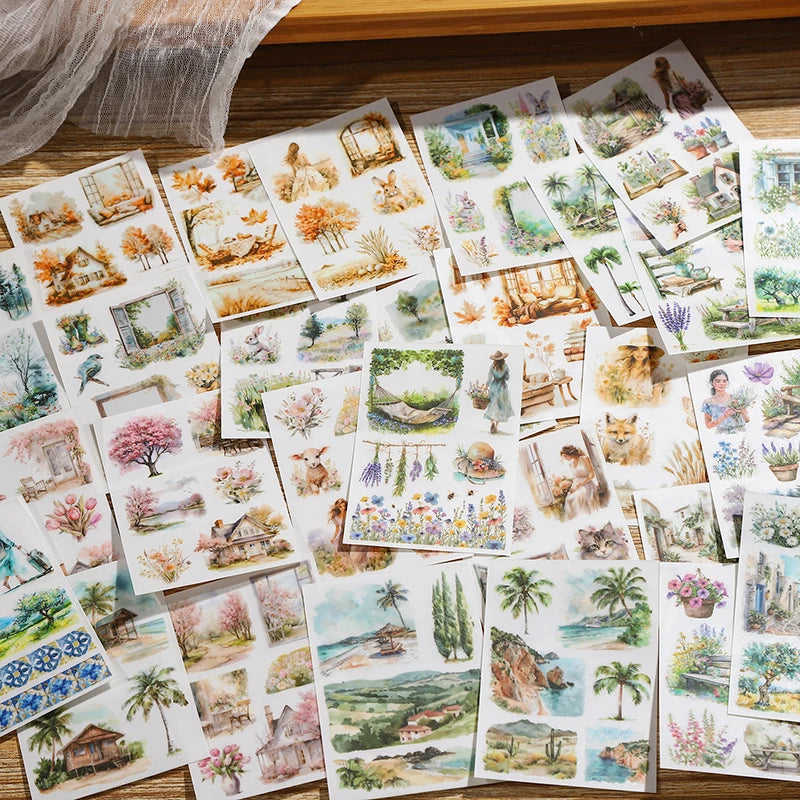JIANQI 5 pcs PET Stickers Beautiful scenery Creative Waterproof Adhesive DIY Hand Made Collage Junk Journal Scrapbook Supplies
