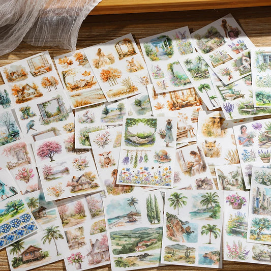 JIANQI 5 pcs PET Stickers Beautiful scenery Creative Waterproof Adhesive DIY Hand Made Collage Junk Journal Scrapbook Supplies