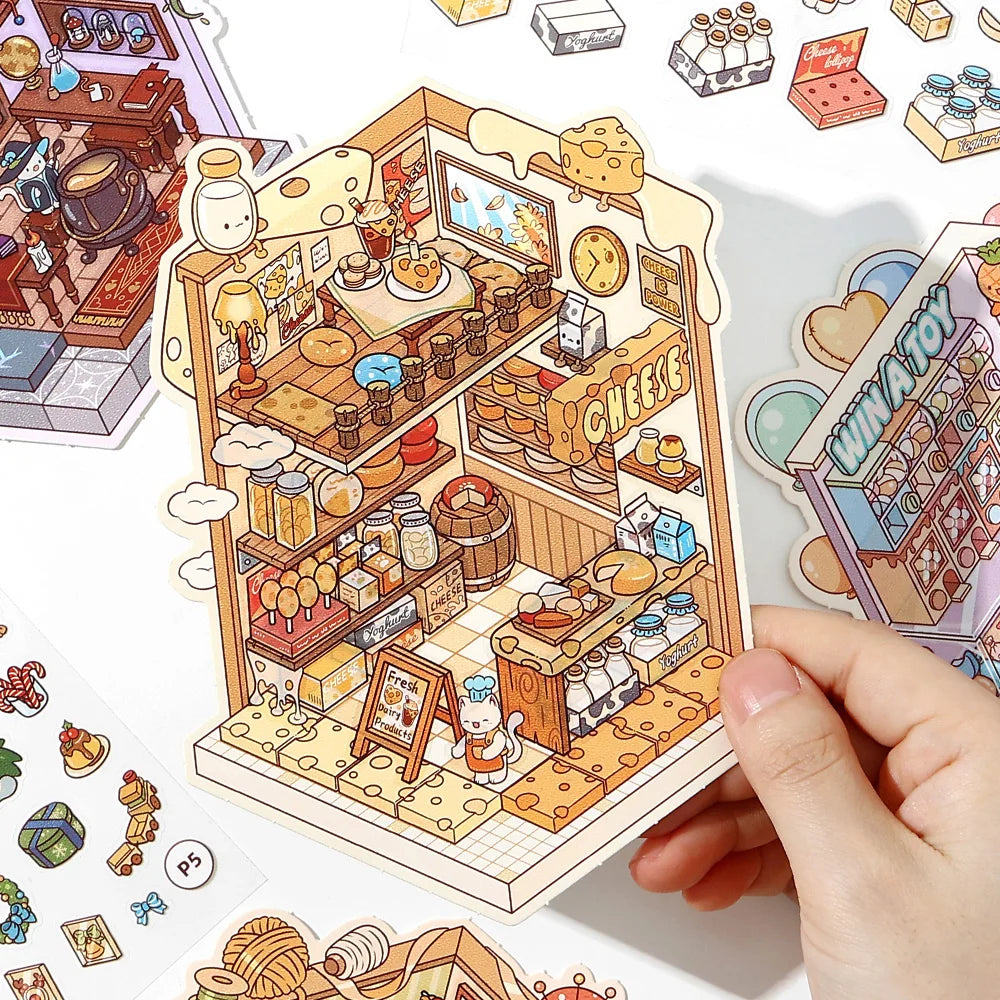 JIANQI 5in1 13Pcs 2.5D Landscape Sticker Cartoon Cabin Scene DIY Sticker Stacking Pasting Festival Birthday Gift for Kid Child