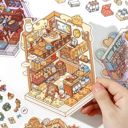 JIANQI 5in1 13Pcs 2.5D Landscape Sticker Cartoon Cabin Scene DIY Sticker Stacking Pasting Festival Birthday Gift for Kid Child