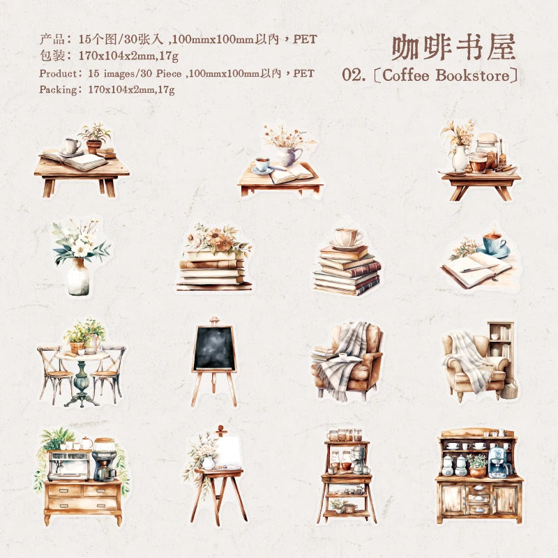 JIANQI 30pcs/pack Coffee theme Stickers Junk Journal Creative Stationery DIY Deco Stickers Scrapbooking Supplies