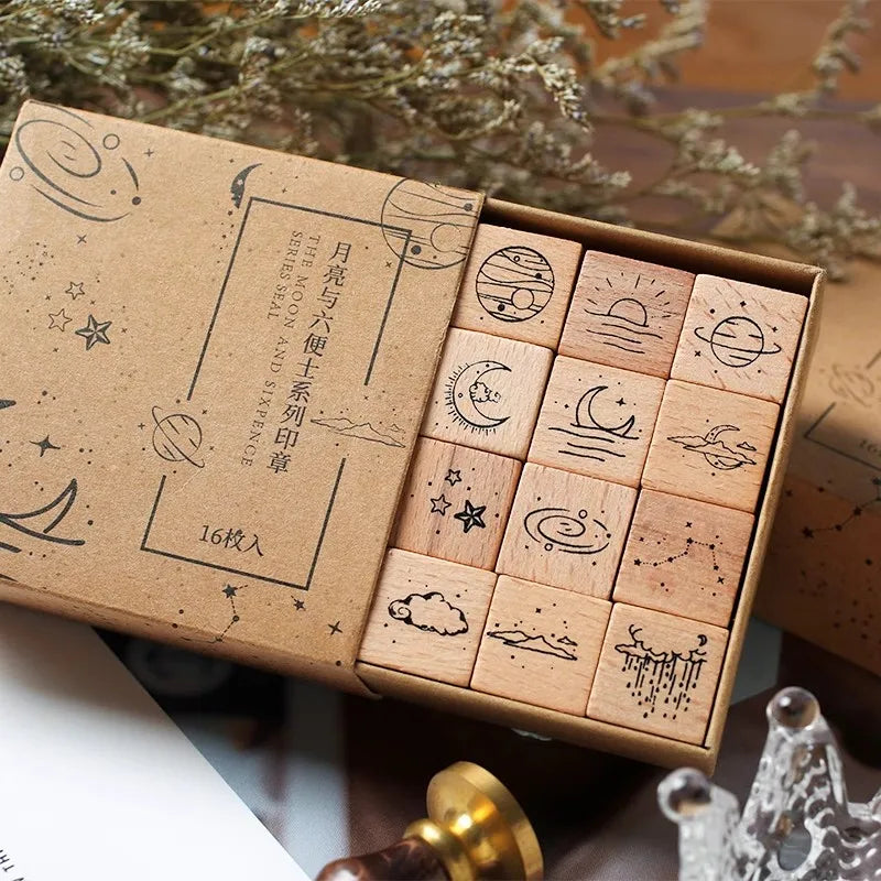 JIANQI16 pcs Moon Planet Star Weather Wooden Rubber Stamp Scrapbooking Deco DIY Craft Standard Wooden Stamps Set