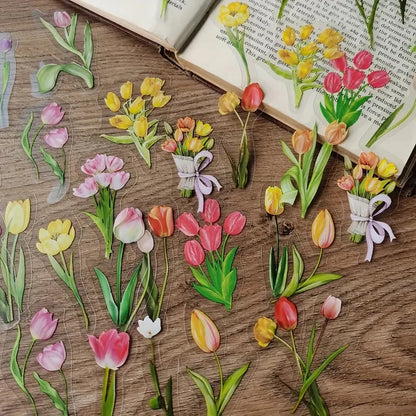 JIANQI 40Pcs Natural plants Flower Stickers DIY scrapbook PET Material Handbook Water Cup Plant Transparent Sticker