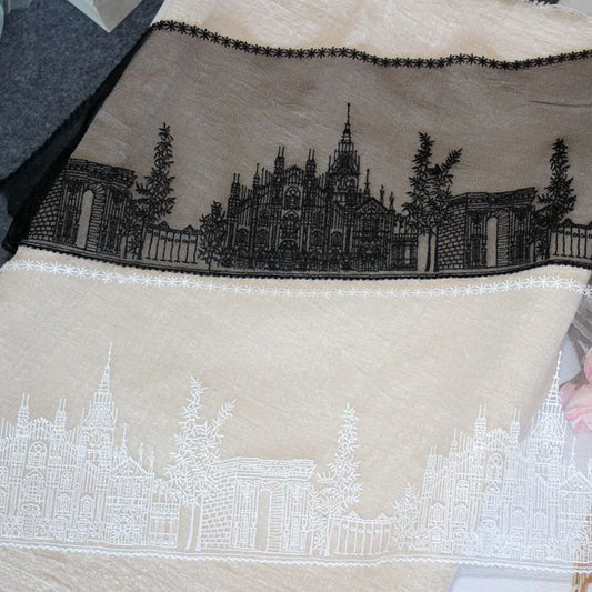 1 Yard Black White Castle Embroidered Tulle Mesh Lace Fabric Wedding Dress Curtains Sewing Accessories17.3CM Wide