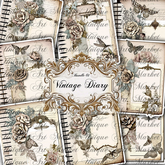 Vintage Antique Diary Journaling Kit – Printable Ephemera, Scrapbook Papers & Decorative Pages for Junk Journals
