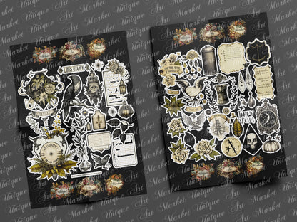 witchcraft junk journal kit, , Printable  stickers , Gothic | skull | moon | potion |witch | white / gothic/ black magic/ spirits / stickers