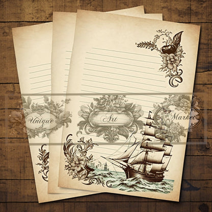 junk journal Vintage paper ship nine Piece Printable Original Notepaper Set Vintage sea Ephemera Set 1 Western Horse paper scrapbooking old.