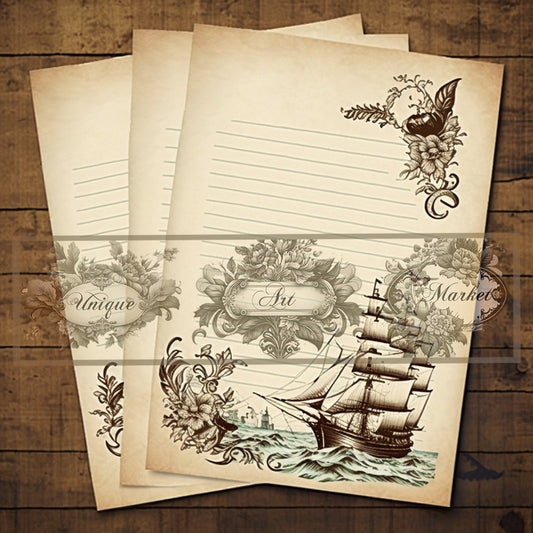 junk journal Vintage paper ship nine Piece Printable Original Notepaper Set Vintage sea Ephemera Set 1 Western Horse paper scrapbooking old.