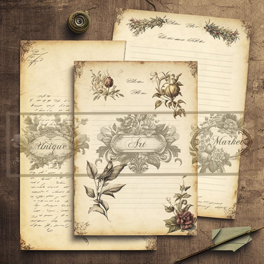 Blank Lined Journal Pages  floral eight Pieces Printable Original Notepaper Set Vintage  Ephemera Set scrapbooking Junk Journal Basic Papers