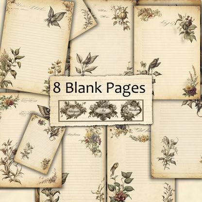 Blank Lined Journal Pages  floral eight Pieces Printable Original Notepaper Set Vintage  Ephemera Set scrapbooking Junk Journal Basic Papers