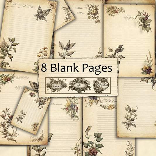 Blank Lined Journal Pages  floral eight Pieces Printable Original Notepaper Set Vintage  Ephemera Set scrapbooking Junk Journal Basic Papers