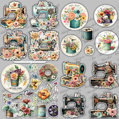 Junk Journal, Sewing, Florals, ADD ON, Kit, Machines, Seamstress, Vintage, Thread, Flowers, UNIQUE , Printable, Digital Download Collage