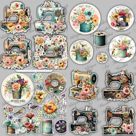 Junk Journal, Sewing, Florals, ADD ON, Kit, Machines, Seamstress, Vintage, Thread, Flowers, UNIQUE , Printable, Digital Download Collage