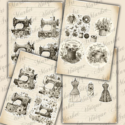 Junk Journal, Sewing, Florals, ADD ON, Kit, Machines, Seamstress, Vintage, Thread, Flowers, UNIQUE , Printable, Digital Download Collage