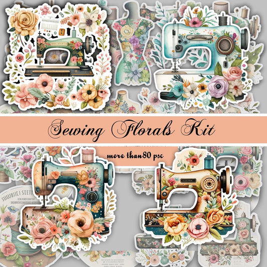 Junk Journal, Sewing, Florals, ADD ON, Kit, Machines, Seamstress, Vintage, Thread, Flowers, UNIQUE , Printable, Digital Download Collage