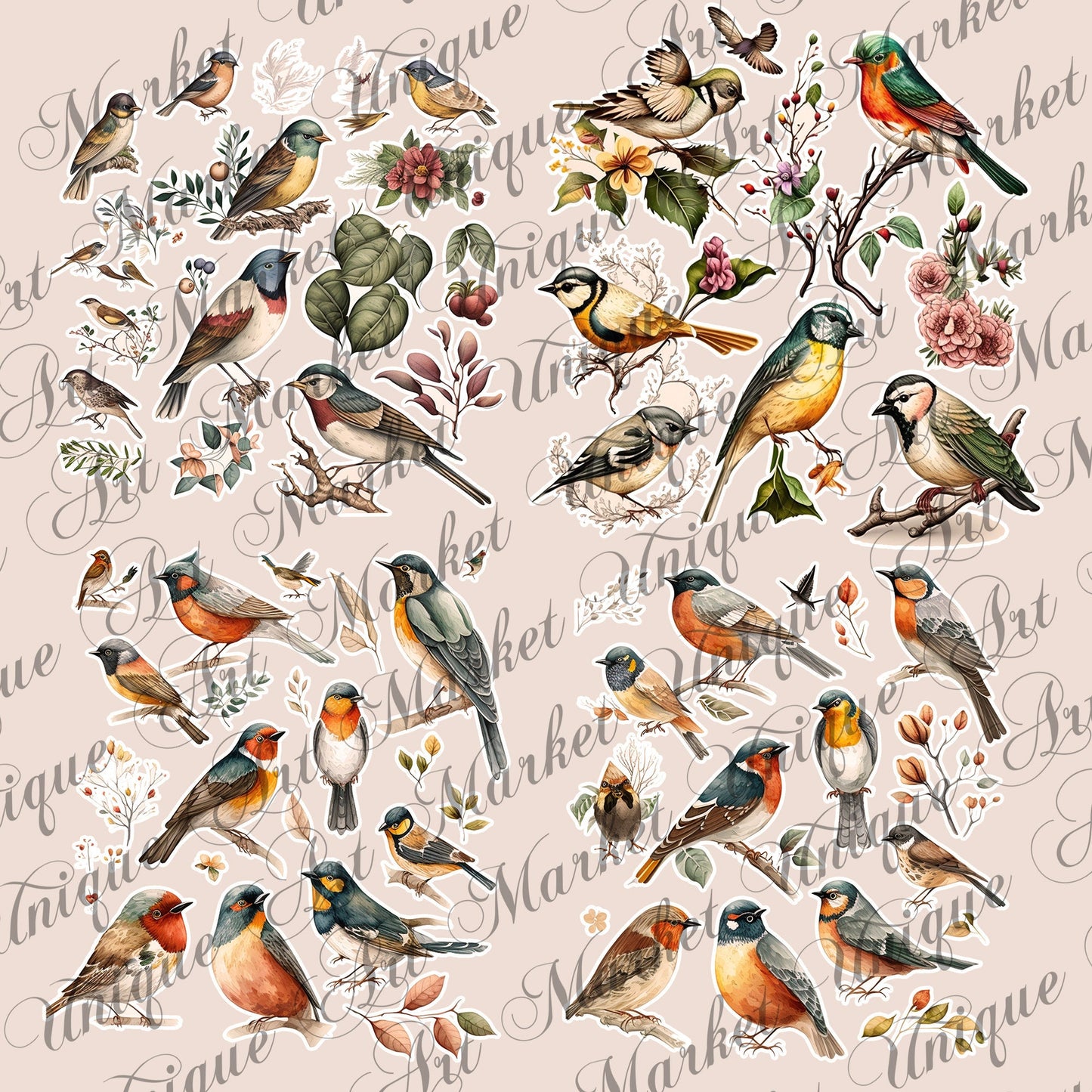 Vintage fussy cut birds flowers , junk journal ephemera, birds stickers ,  digital printable , collage , bird stickers , floral stickers