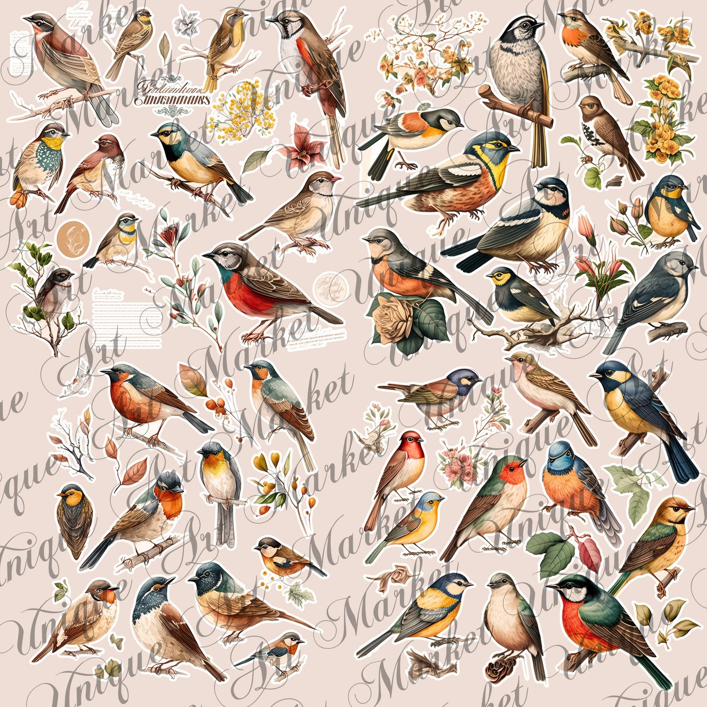 Vintage fussy cut birds flowers , junk journal ephemera, birds stickers ,  digital printable , collage , bird stickers , floral stickers