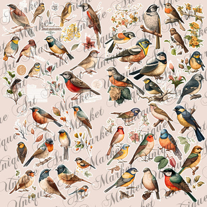 Vintage fussy cut birds flowers , junk journal ephemera, birds stickers ,  digital printable , collage , bird stickers , floral stickers