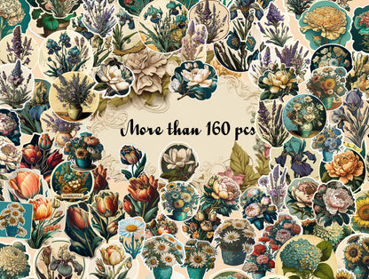 Junk Journal Printable Fussy Cut flowers , +160 pcs, vintage, junk journal , flowers sticker pack, flowers, diary, planner stickers, Bundle
