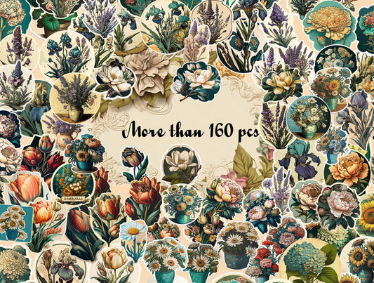 Junk Journal Printable Fussy Cut flowers , +160 pcs, vintage, junk journal , flowers sticker pack, flowers, diary, planner stickers, Bundle