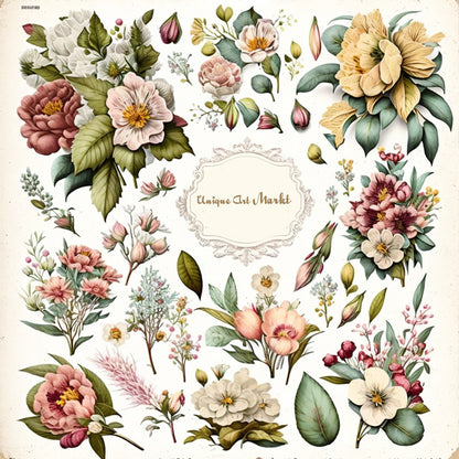 Fussy Cut Flowers Mega Pack, +1000 Digital Fussy Cut Flower psc, vintage, Digital Flowers, Printable Flowers, flower Ephemera junk Journal