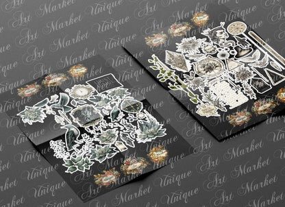 witchcraft junk journal kit, , Printable  stickers , Gothic | skull | moon | potion |witch | white / gothic/ black magic/ spirits / stickers