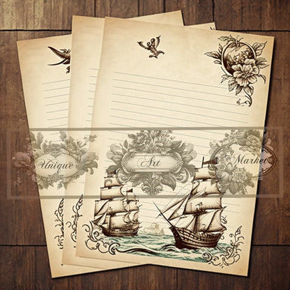 junk journal Vintage paper ship nine Piece Printable Original Notepaper Set Vintage sea Ephemera Set 1 Western Horse paper scrapbooking old.