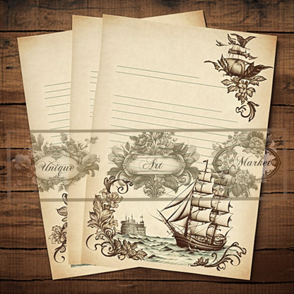 junk journal Vintage paper ship nine Piece Printable Original Notepaper Set Vintage sea Ephemera Set 1 Western Horse paper scrapbooking old.