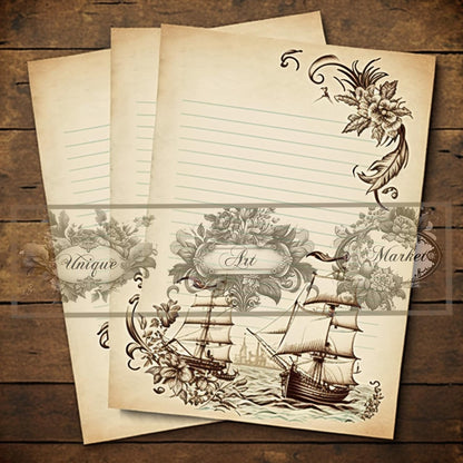 junk journal Vintage paper ship nine Piece Printable Original Notepaper Set Vintage sea Ephemera Set 1 Western Horse paper scrapbooking old.