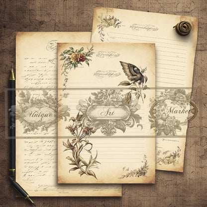 Blank Lined Journal Pages  floral eight Pieces Printable Original Notepaper Set Vintage  Ephemera Set scrapbooking Junk Journal Basic Papers
