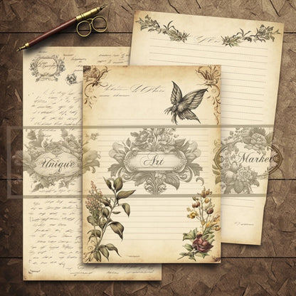 Blank Lined Journal Pages  floral eight Pieces Printable Original Notepaper Set Vintage  Ephemera Set scrapbooking Junk Journal Basic Papers